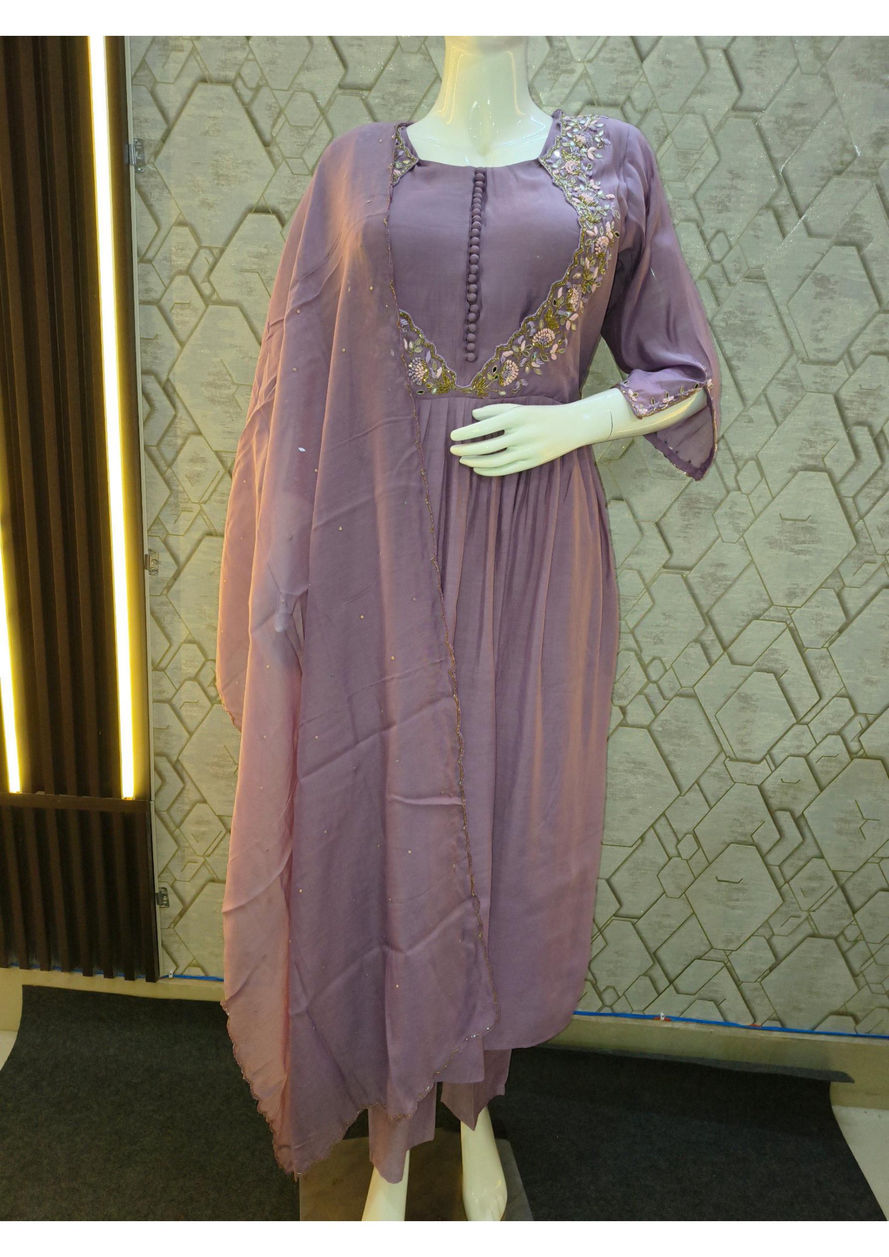 Women's Lavender Anarkali Suit Set with Embroidered Flared Kurta, Long Sleeves, Button Front, Straight Pants and Dupatta –Traditional Indian Ethnic Wear for Festive Occasions